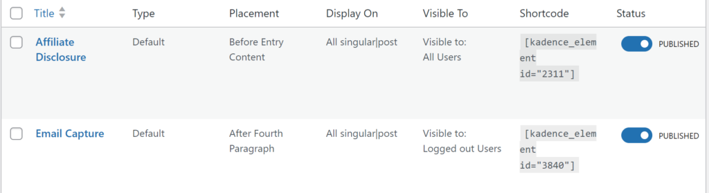 Kadence elements configuration
